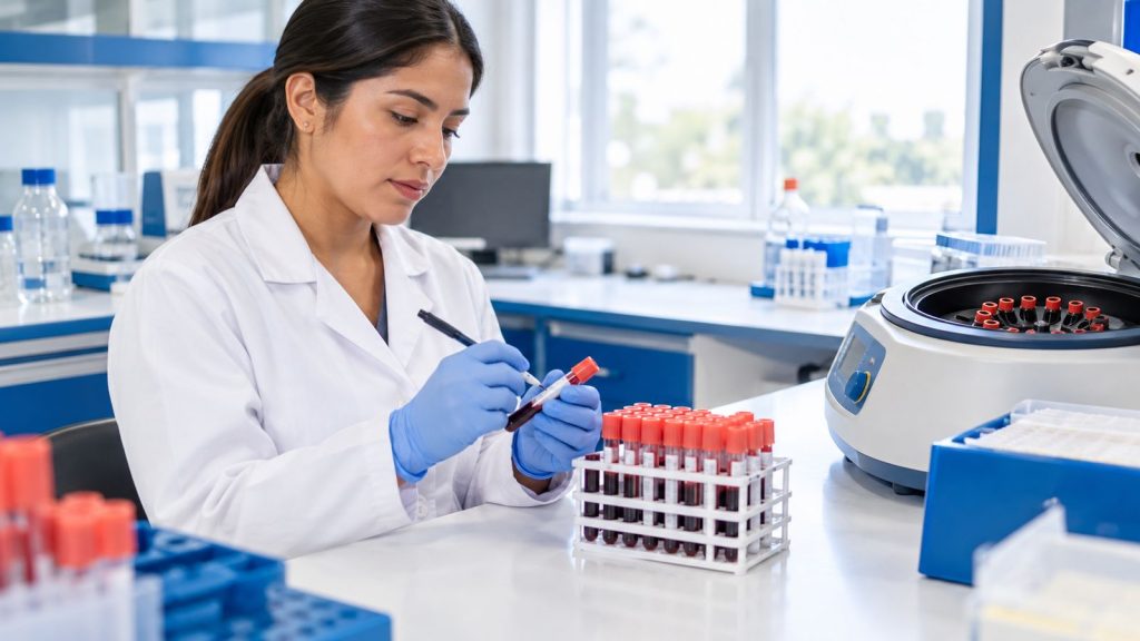 Laboratorio clínico de Clínica 12 de Octubre con muestras de sangre