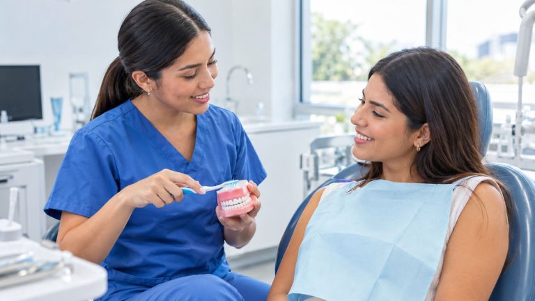 Odontóloga muestra a una paciente sonriente cómo cepillarse durante una revisión dental
