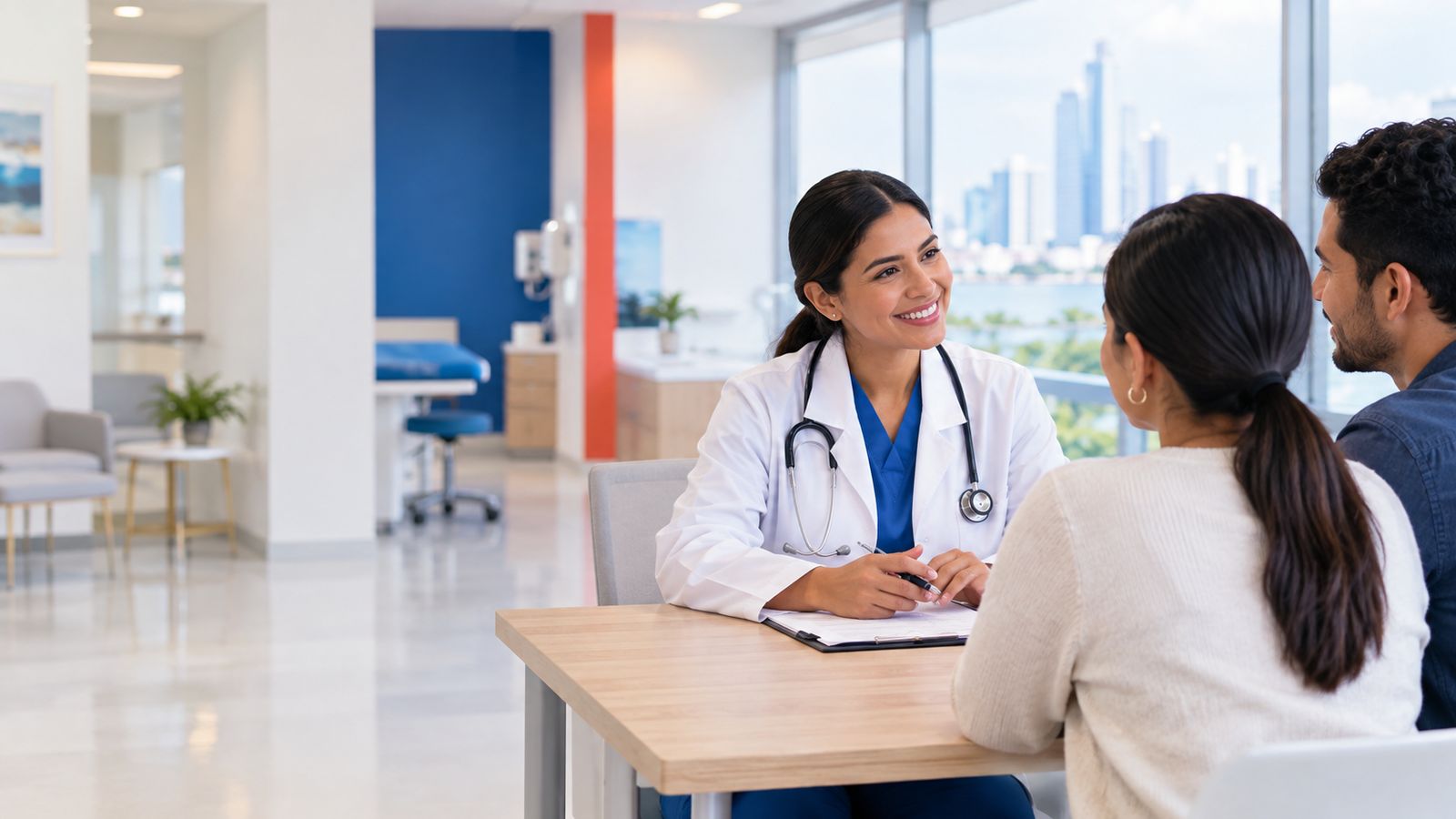 Médica conversa con una pareja de pacientes en Clínica 12 de Octubre, Panamá
