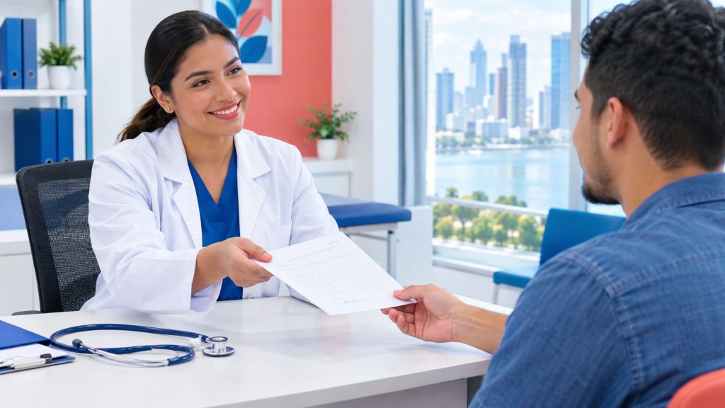 Médica general entrega un certificado de buena salud a un paciente en Clínica 12 de Octubre
