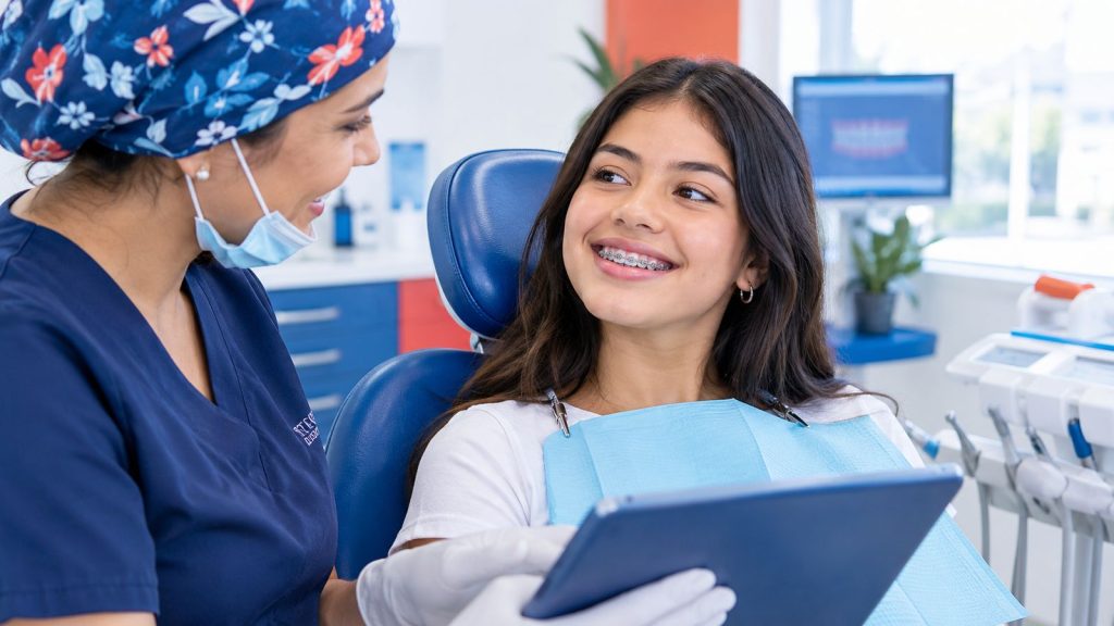 Adolescente con frenos dentales sonriendo durante su control de ortodoncia en Clínica 12 de Octubre